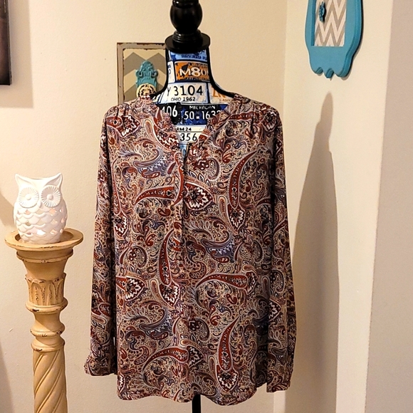 ROZ & ALI Woman's 1X Brown*Black*Gray Paisley Print Blouse - Picture 1 of 11